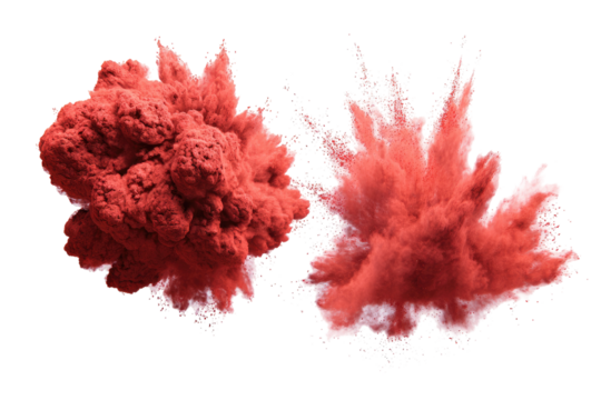 Two vibrant crimson powder explosions against a black background.  Dense, textured clouds of the reddish-pink powder radiate outward in a dynamic burst