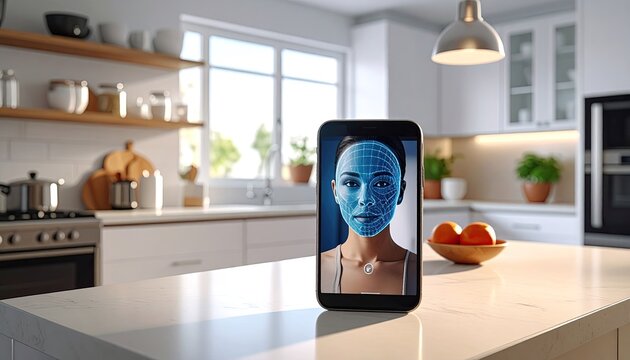 Smartphone displays a digital face with glowing blue neural network patterns in a modern bright white kitchen with a bowl of oranges on the counter