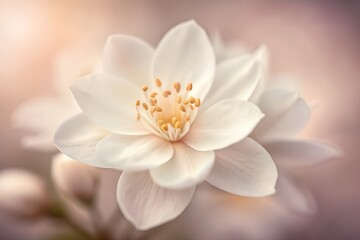 Soft blurry dreamy macro of white jasmine flower with romantic haze, faded tones, and fine art cinematic floral texture.