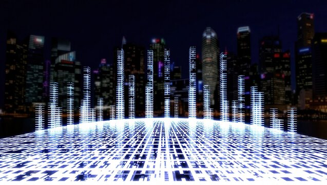 Futuristic Digital Cityscape with Glowing Grid at Night.