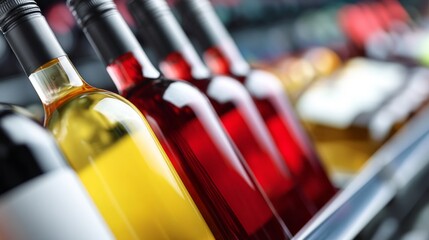 A vibrant array of wine bottles showcases rich hues of red, white, and gold amidst a warm, inviting ambiance in a local shop during a bustling evening