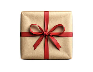 Kraft Gift Box with Red Satin Ribbon – Realistic Isolated PNG on Transparent Background