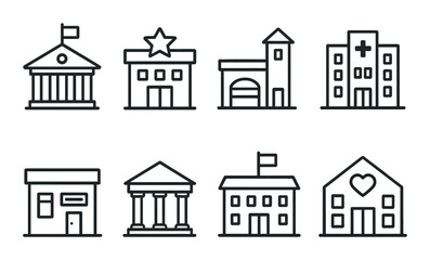 Fototapeta premium Set of eight minimalist building icons: government, hospital, school, library, fire station, post office