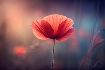 Soft-focus fine art macro of red poppy in moody light, pastel film tones, vintage texture, and poetic floral contrast.