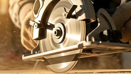 Craftsman skillfully using circular saw for woodworking precision, creating dynamic motion and sawdust, ideal for construction and DIY projects