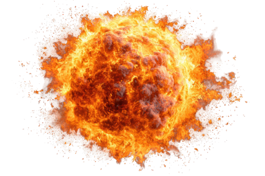A fiery explosion, radiating outward from a central point.  Fiery ball of orange and yellow flames, surrounded by a cloud of white smoke and ash