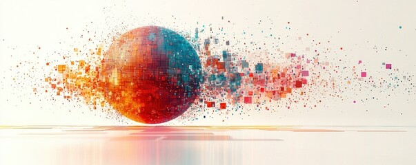 Abstract digital sphere with colorful pixel explosion art