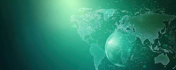 Digital technology world map with glowing green background