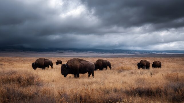 A herd of majestic bison grazes peacefully across a vast dry prairie landscape beneath dramatic moody storm clouds gathering in the sky