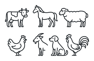 Silhouette of farm animals: cow, horse, sheep, chicken, goat, dog, and rooster
