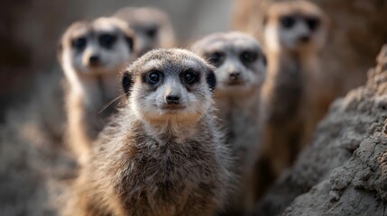Fototapeta premium A group of meerkats standing alert on a sandy mound looking towards the viewer with curious eyes