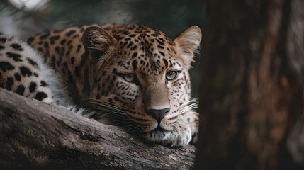 Naklejka premium A majestic leopard rests peacefully on a thick tree branch its spotted coat blending with the natural surroundings