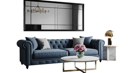 Elegant living room interior with a blue chesterfield sofa, marble coffee table, and a large mirror reflecting a chandelier, creating a luxurious and inviting atmosphere isolated on transparent backgr