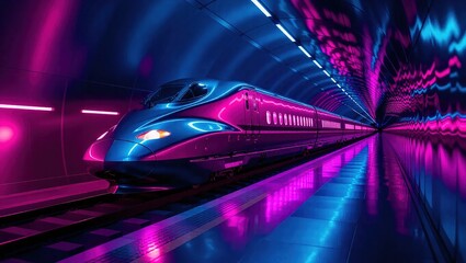 Fototapeta premium Futuristic High-Speed Train in Neon Tunnel.