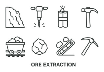 Ore extraction icons: tools and equipment for mining industry