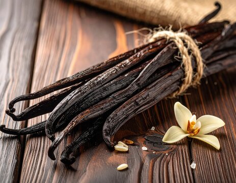 Close Up of Vanilla Beans Tied with Twine on a Rustic Wooden Tabletop with Vanilla Flower and Light