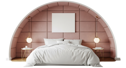 Cozy bedroom interior isolated on transparent background featuring a comfortable bed with white linens, a decorative square frame above the bed, stylish side tables with lamps, and a unique arched alc