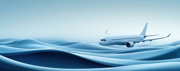 Commercial airplane flying over abstract blue background