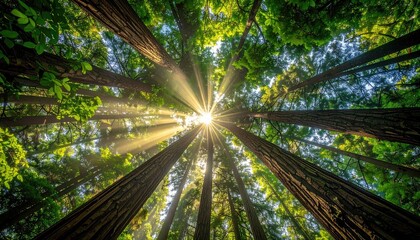 Sunlight filtering through tall evergreen trees in a lush green forest creating a serene natural landscape with sunbeams illuminating the canopy