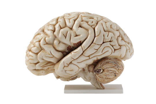 Detailed anatomical model of a human brain, light beige color, showing gyri and sulci