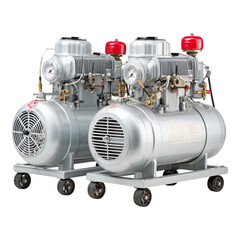 Two identical industrial air compressors, metallic silver, mounted on wheeled platforms, detailed machinery, with gauges and red accents