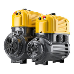 Two industrial machines with yellow casings, black bodies, ribbed textures, and prominent mechanical components