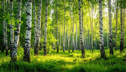 Fototapeta premium Sunlight Filters Through Birch Trees in a Lush Green Forest With Dappled Light on the Ground