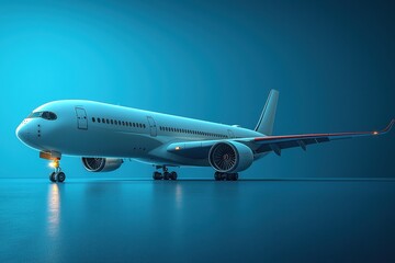 Obraz premium Sleek white airplane rests in serene blue environment