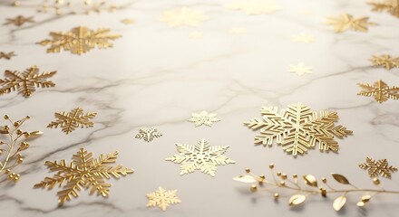 Elegant golden snowflakes and delicate branches scattered across a shimmering marble surface, evoking a festive winter atmosphere.