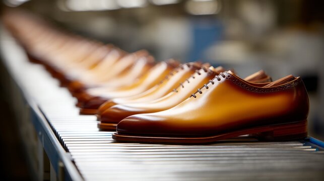 Brown leather shoes neatly arranged on a conveyor belt in a vibrant workshop. Craftspeople busy crafting quality footwear, showcasing skilled craftsmanship and tradition - Powered by Adobe