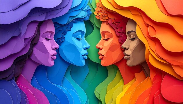 Four women's faces, rainbow-colored paper-cut profiles