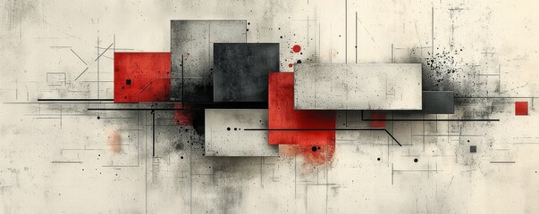 Abstract modern art with geometric shapes and red, black patterns