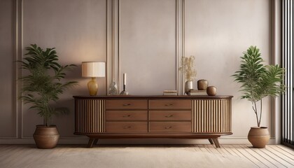 retro vintage interior of living room with sideboard 3d rendering mockup