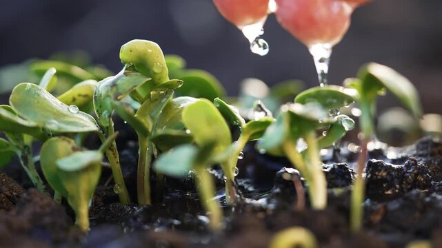 Watering seedling with hand droplets nurturing sprout and seedling in dark soil as clear water drip falls onto germination area capturing growth and closeup detail of young plant and wet soil texture
