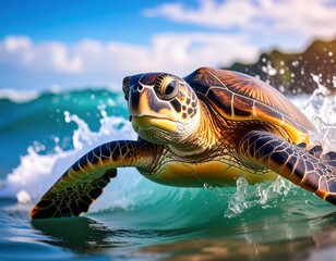 Sea Turtle Swimming Through Turquoise Water near Coastline Illuminated by Sunlight