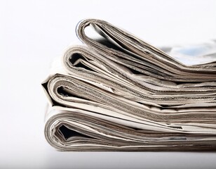 stack of folded newspapers on a white surface depicting information news and current events