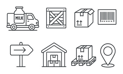 Logistics symbols: delivery truck, crate, barcode, shipping box, warehouse, location pin