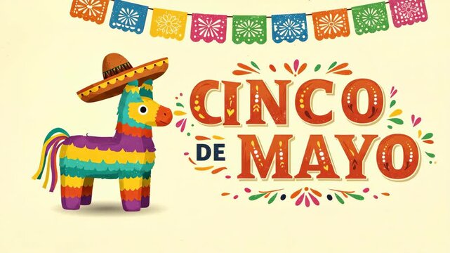 Cinco de mayo banner with colorful pinata and papel picado. Festive flat illustration with textured details. Mexican holiday celebration. Greeting card for fifth of may