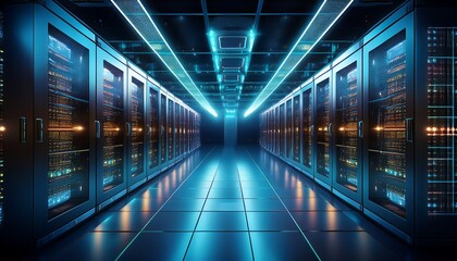 data center server room high tech infrastructure for cloud computing and information technology featuring blinking lights