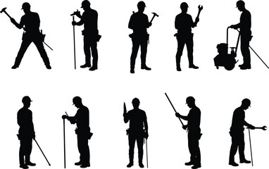 Obraz premium Construction, Worker, Silhouette, Tools, Hammer, Wrench, Drill, Measuring, Machinery, Pipe, Rod, Tripod, Inspection, Manual, Labor, Equipment, Technician, Site, Task, Utility