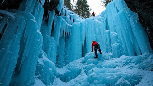 Two climbers ascending massive frozen waterfall in winter mountain landscape. Extreme winter sport. Adventure, challenge, and perseverance concept. Banner for adventure travel