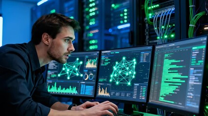 Software developer analyzing complex data on multiple monitors in a server room. Man working with neural network visualizations. Panning shot. - Powered by Adobe