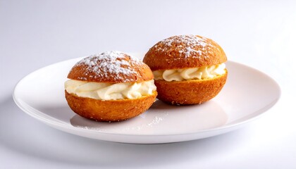 Two spherical pastries, split and filled with cream, sit on a white plate, dusted with powdered sugar. The background is plain