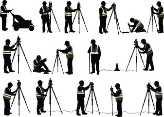 Surveyor, Land, Measurement, Silhouette, Tripod, Equipment, Mapping, Technician, Tools, Safety, Vest, Helmet, Precision, Infrastructure, Inspection, Site, Engineering, Positioning, Data, Terrain