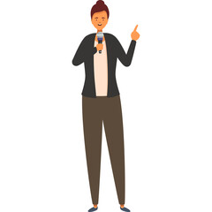 Cartoon Female Presenter Holding Microphone And Pointing Upwards With A Smile On Transparent Background