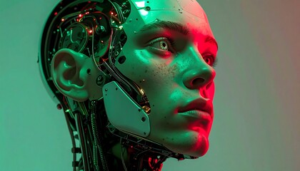 Cybernetic human face with red and green lighting, mechanical interior visible