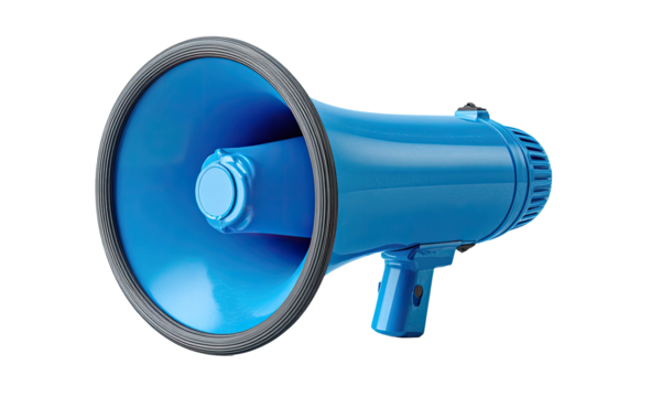 A vibrant blue megaphone, angled to the right, against a black background.?Its wide, circular mouth is prominent, and a dark gray or black ring surrounds the horn.