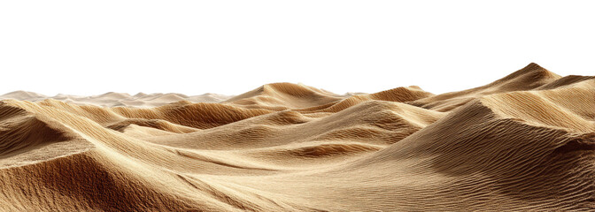 Desert dunes stretch across a vast landscape.  Beige-tan sand hills undulate in a panoramic view