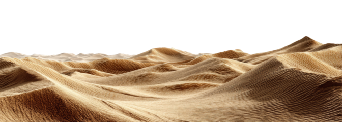 Desert dunes stretch across a vast landscape.  Beige-tan sand hills undulate in a panoramic view