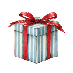A stylized gift box, light blue with white stripes,  red ribbon bow